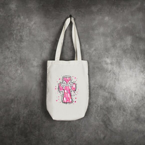 Women's Pink Silver White Glitter Look Cross DTF Custom Tote Bag - Picture 1 of 3